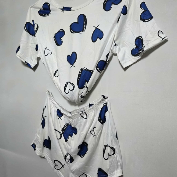 Heart Print Women's Sleepwear Set - Blue and White - Picture 3 of 11